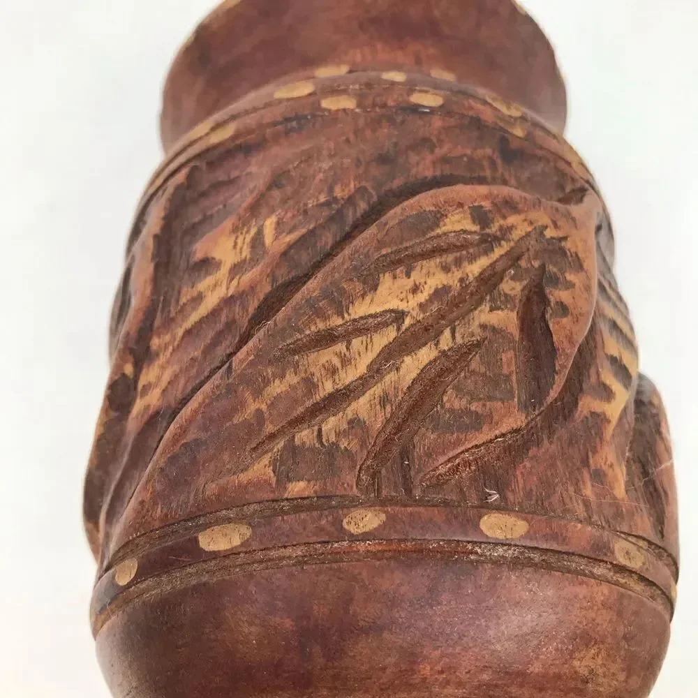 Wood Hand Carved Brown Turned Pedestal  Vase